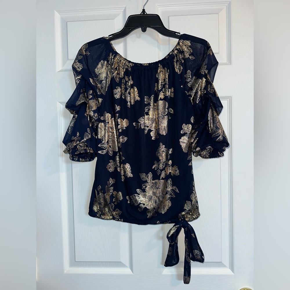 MSK Navy Blouse with Gold Floral Foil